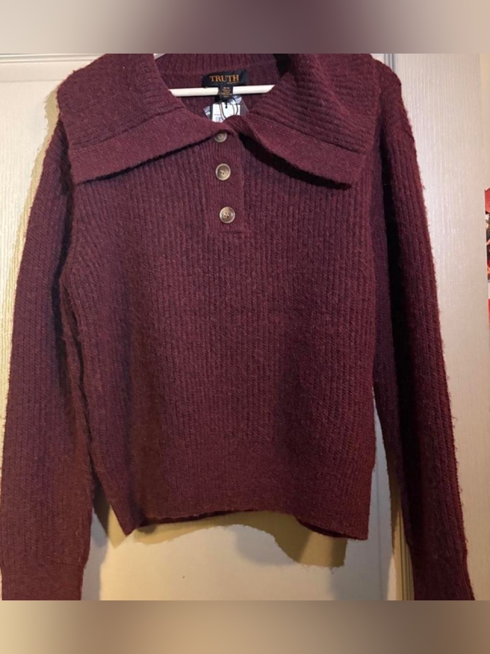 Truth Burgundy Ribbed Knit Polo big collar Sweater